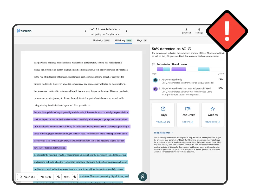 A Turnitin report showing AI and Similarity scores